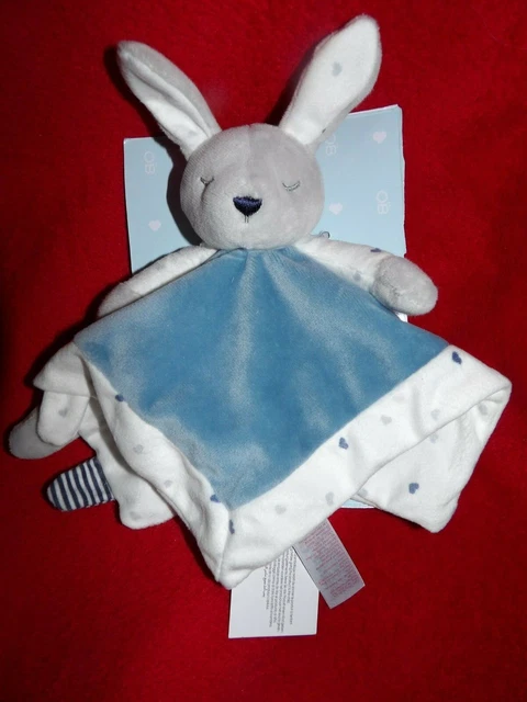 Doudou Plat Obaibi Okaidi Lapin Gris Blanc Bleu Coeur NEUF