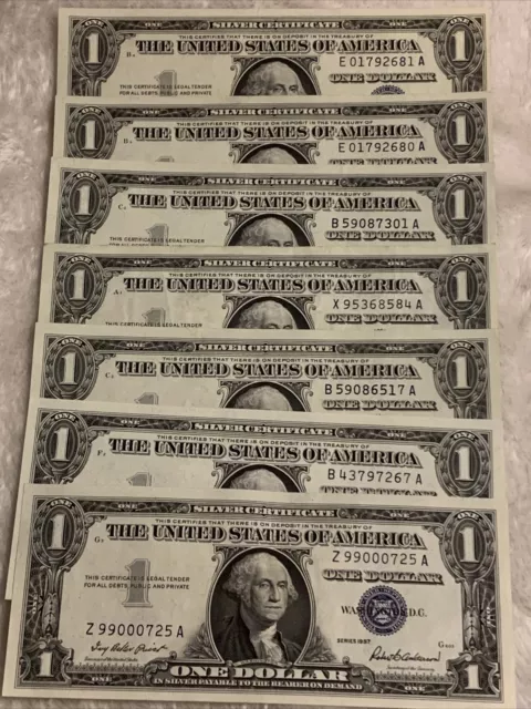Lot of 7 Uncirculated 1957 $1 One Dollar Silver Certificate Notes Uncirculated