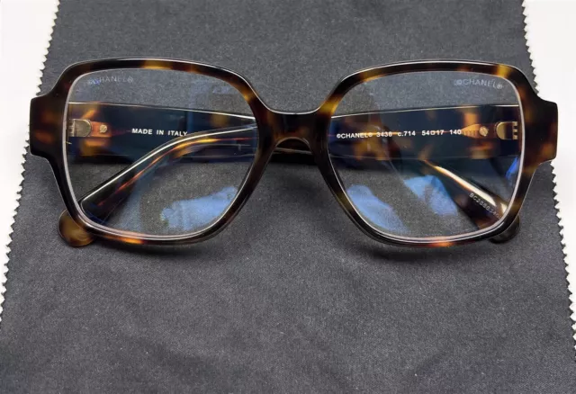 Chanel 3438 714 Eyeglasses Glasses Brown Tortoise Gold Logo Blue Light Filter