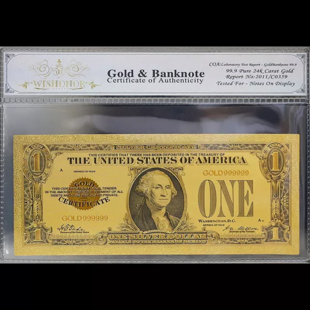 Gold 1928 $1 One Dollar Banknote Collectible with Bag & Certificate