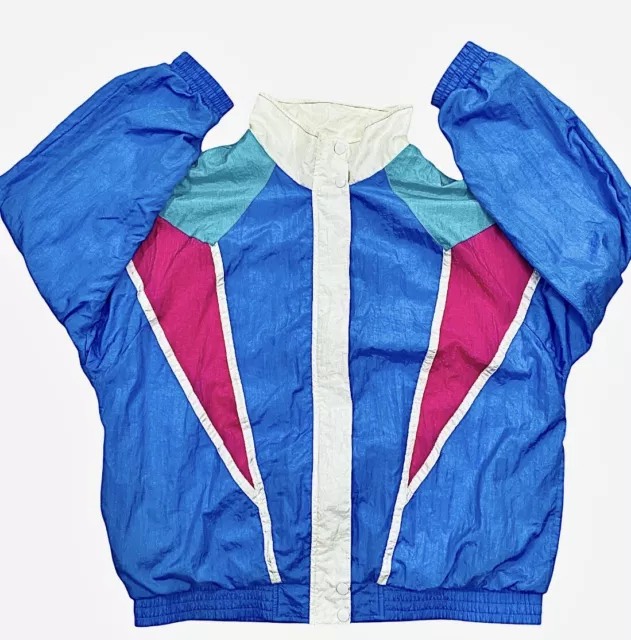 Vintage Retro Windbreaker Jacket Medium Blue Pink Color Block Zip Track Warmup