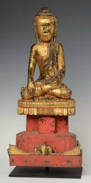 19th Century, Antique Tai Yai Burmese Wooden Seated Buddha