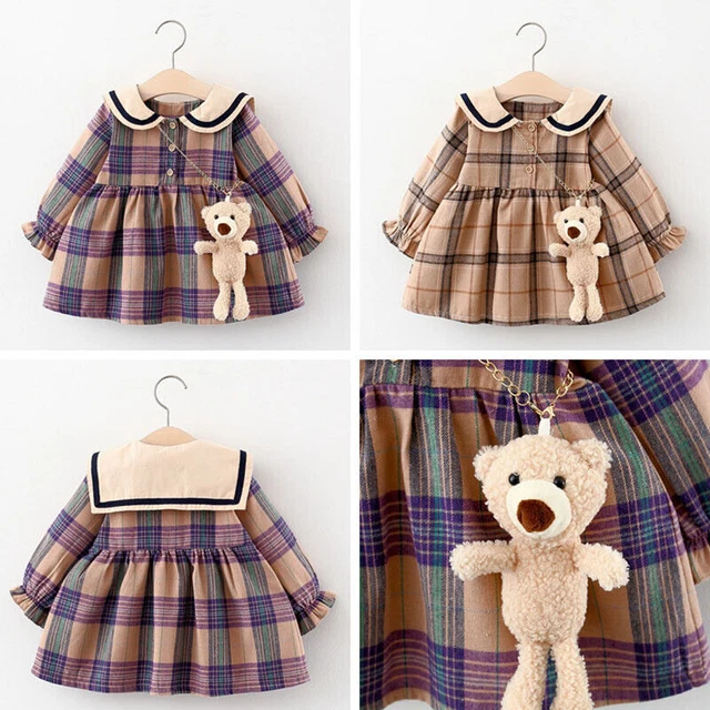 Abito a quadretti per bambini bambine maniche lunghe tutù gonna abiti