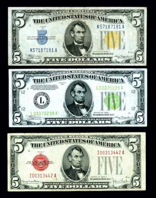 1934 A $5 No. Africa - 1934 $5 Lgs - 1928 F $5 Red Seal Legal Tender - 3 Notes !