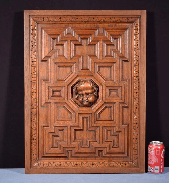 *French Antique Architectural Panel in Solid Oak Wood with Cherub Carving
