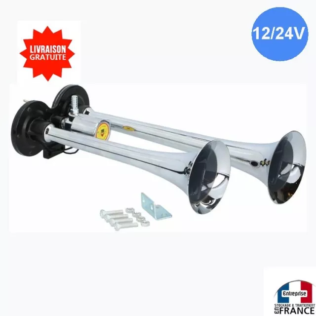 Klaxon pour voiture camion 2 trompes inox 12V 24V