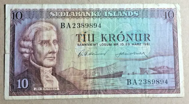 1961 Iceland Sedlabanki Islands 10 Tiu Kronur Banknote Paper Money (P62)