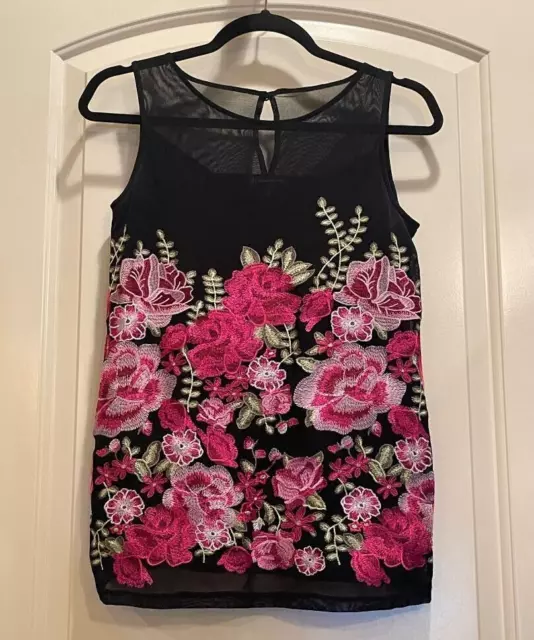 INC International Concepts Women's Black Blouse w/embroidered pink flowers XS