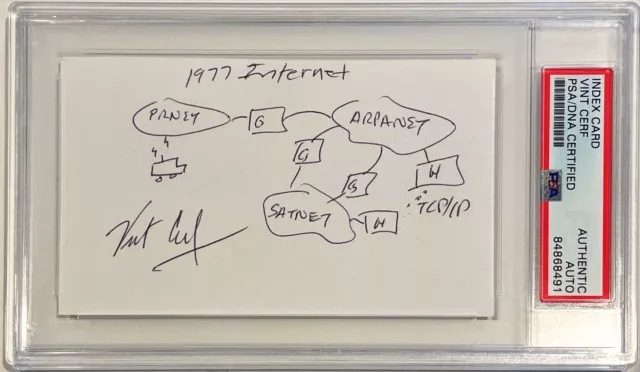 Vint Cerf Google 1977 Internet Signed Sketch Auto 3x5 Index Card PSA/DNA