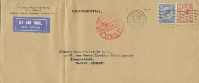 GB 1934 GV 1½d and 2½d mixed franking on airmail cover "LONDON - BERLIN"