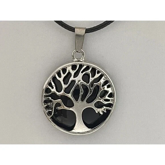 Natural Gemstone Reiki Chakra Tree of Life Round Pendant Charms Necklace Jewelry