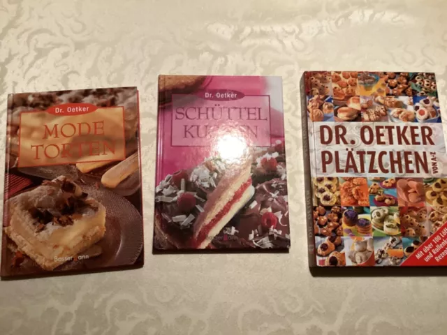 3;Kochbücher, Dr Oetker Plätzchen, Dr Oetker Schüttelkuchen, und Modetorten