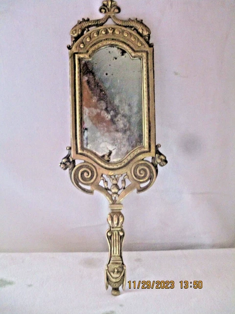 ANCIEN MIROIR FACE A MAIN EN BRONZE DOREDECOR DAUPHINS LIONS XIXè- HANDLE MIRROR