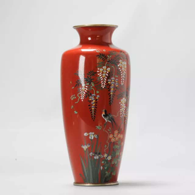 A Vase with Wisteria flowers and Bird on dark red  cloisonné enamel Meiji era...