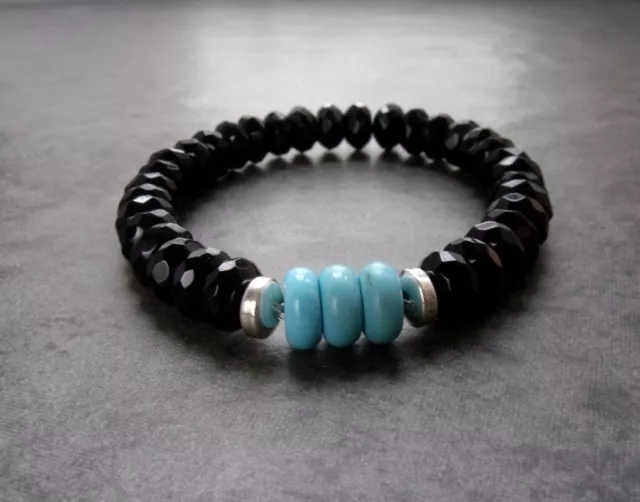 Turquoise And Black Onyx Silver 6.5 Ins Stretch Unisex  Bracelet-Free Postage