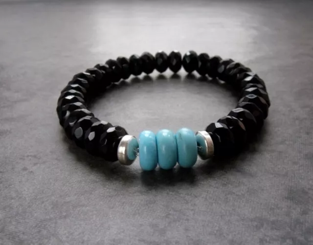 Turquoise And Black Onyx Silver 8 Ins Stretch Unisex  Bracelet-Free Postage