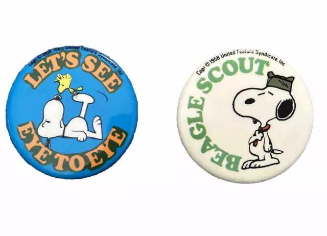 Lot 2 VTG-Snoopy Peanuts Pin Back Buttons Beagle Scout Let’s See Eye To Eye 2”