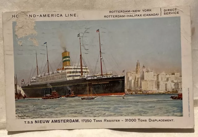 Postcard Ship TSS Nieuw Amsterdam Holland America Line - posted 1930 damaged