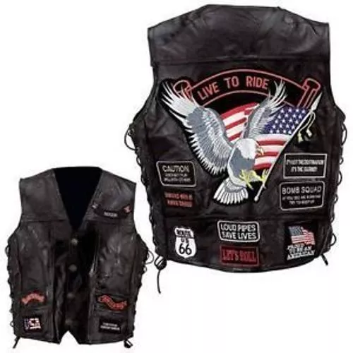 Mens Black Leather Biker Motorcycle Harley Rider Chopper Vest 14 Patches Eagle