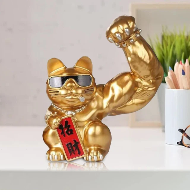 FENG SHUI CHINESE Muscle Arm Lucky Cat Figurine Waving Giant Arm Big