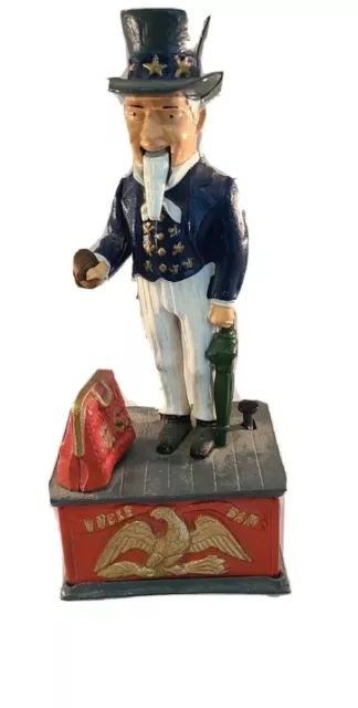 Vintage Uncle Sam Mechanical Coin Bank Cast Iron Taiwan Works Great Clean