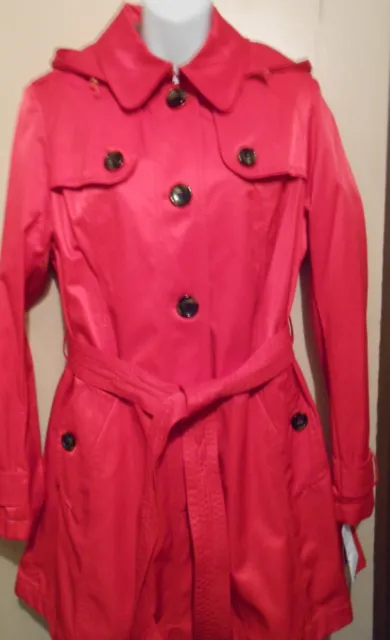 Jones New York Detachable Hood Belted Trench Coat Fiesta Red Large (L) NWT