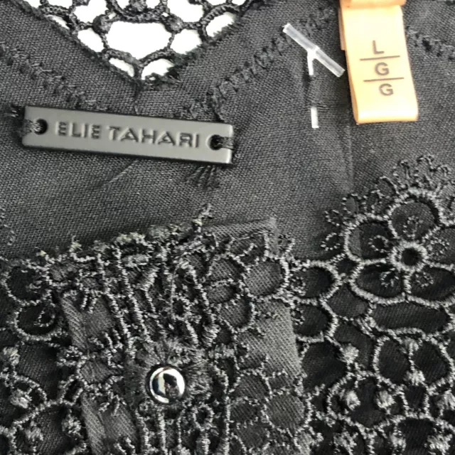 Elie Tahari Black Cotton Lace Accent Quarter Button Up SS Evening Top Womens L 3