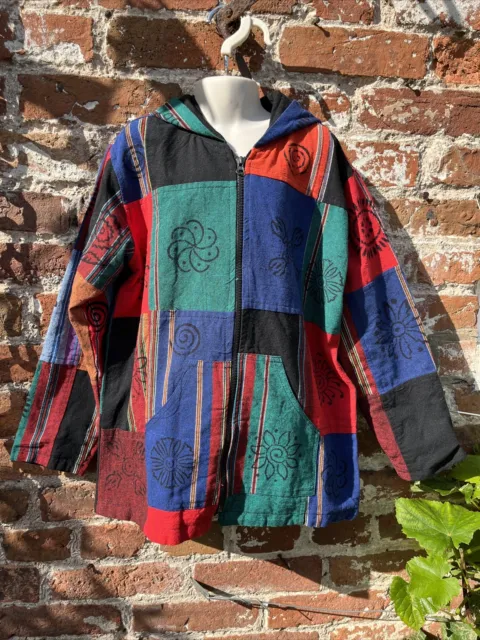 Felpa con cappuccio/giacca in cotone patchwork cappotto hippie/boho/festival 11-12 anni