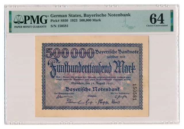GERMAN STATES (BAVARIA) banknote 500.000 Mark 1923 PMG MS 64 Choice Uncirculated