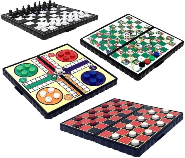 Travel Games 4Pk Mini Magnetic Folding Board Chess Ludo Draught Snakes Ladders