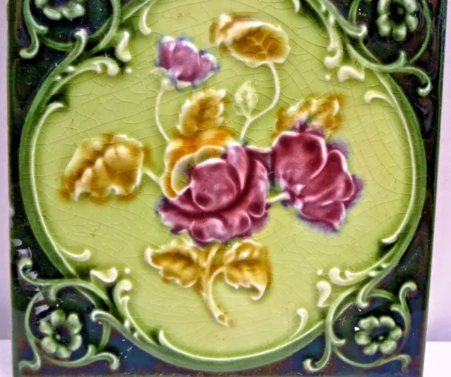 Antique Tile Majolica England Art Nouveau Ceramic Porcelain Purple Rose Old" 112 2