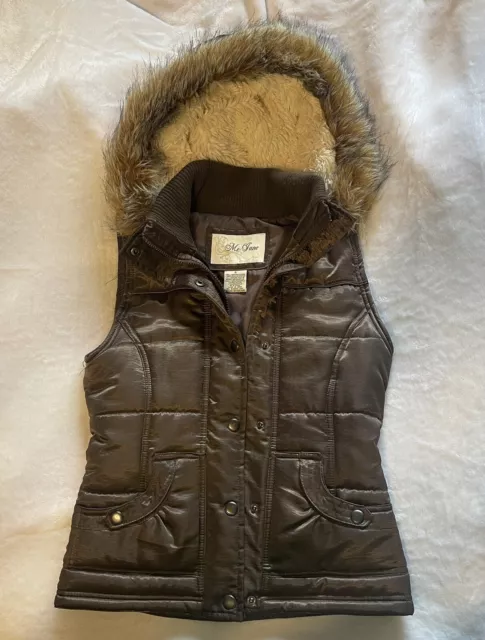 Me Jane Brown Puffer Vest With Lined Faux Fur Removable Hood