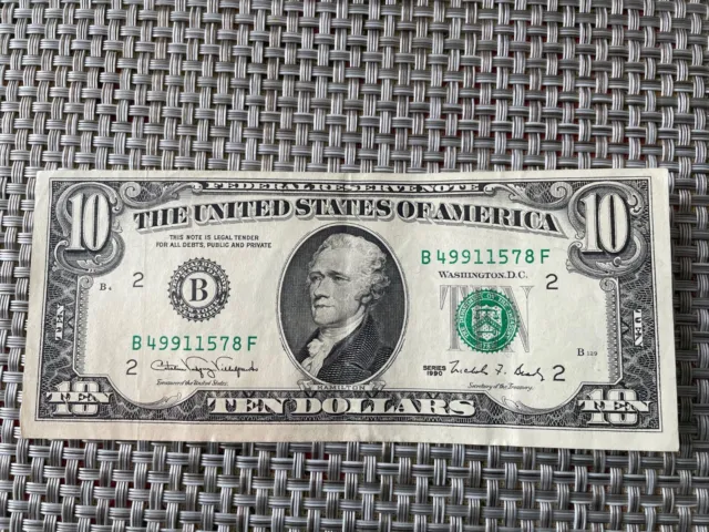 1990 $10.00 US TEN DOLLAR BILL, slightly off-centered.