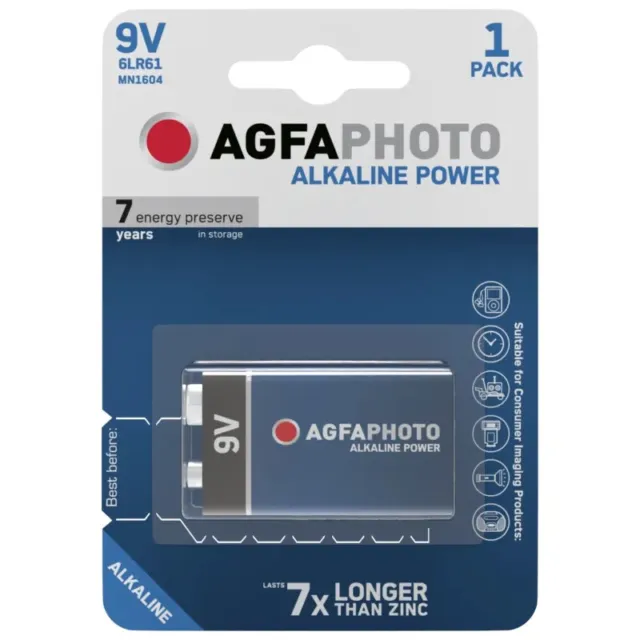 1/2 x AGFA PHOTO 9V Alkaline Power Batteries – PP3 6LR61 MN1604 - Long Expiry