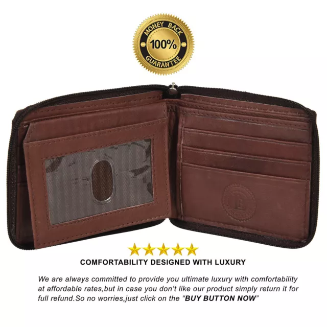 Mens RFID Blocking Bifold Leather Wallet ID Credit Card Holder Zipper Wallet