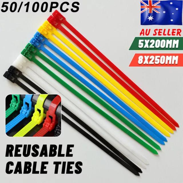 5MM/8MM Cable Ties Zip Nylon Plastic Releasable Reusable Wraps Ratchet Wire AU