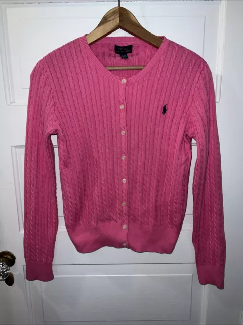 Girls Polo Ralph Lauren Pink Cable Knit Cardigan Sweater Size 16 XL