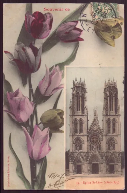 NANCY - CPA 54 - Carte Souvenir de Nancy - Eglise St Léon et fleurs
