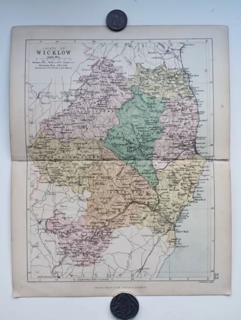 Antique County Map of WICKLOW , Ireland - Phillips Handy Atlas , 1882