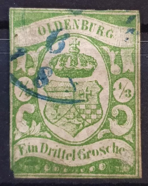 OLDENBURG GERMANY 1861 Used 1/3 Gr Deep Yellow Green Michel #10b CV €3000