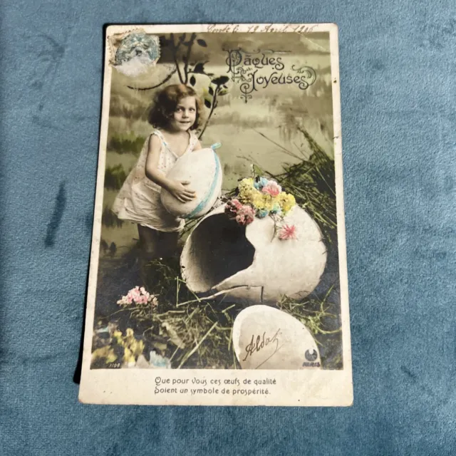 Vintage Postcard Happy Easter French Girl With Egg From An Egg 1906