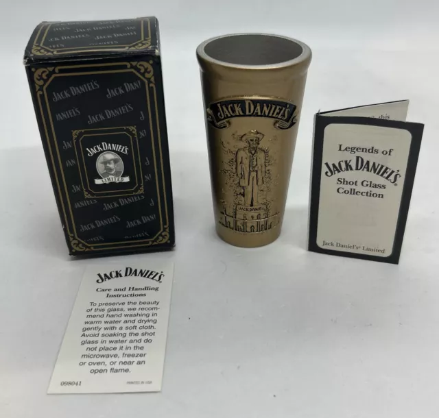 Jack Daniels Statue Pewter Metal Shot Glass 2002 JD Rare Gold Color New in Box