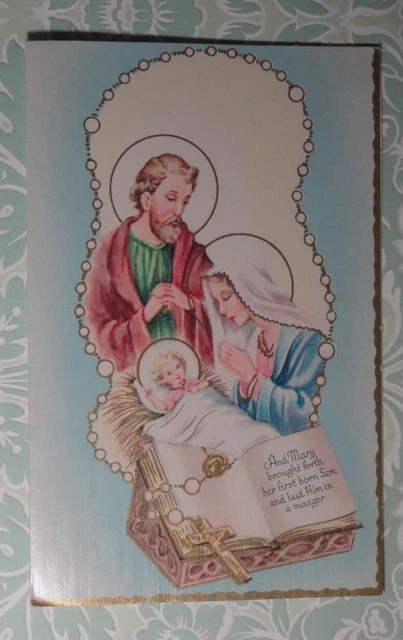 UNUSED Vintage 1950s Christmas Card  Mary Joseph Baby Jesus ROSARY BEADS