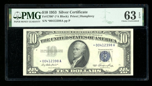 DBR 1953 $10 Silver STAR Fr. 1706* PMG 63 EPQ Serial *00412398A