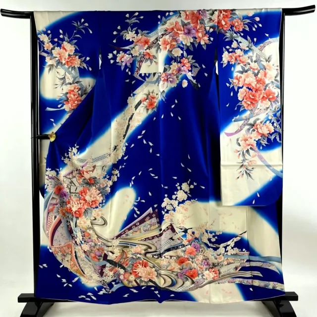Japanese kimono SILK"FURISODE" long sleeves,Gold leaf,Peonies,Plum,L5'3"..3665