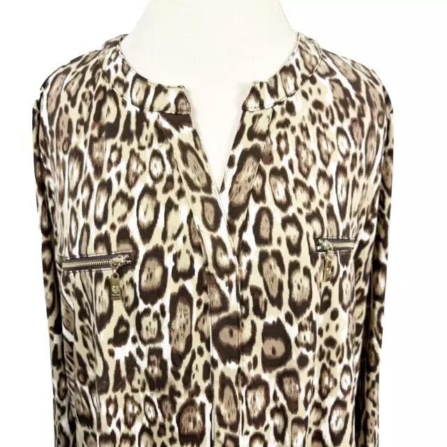 Belle by Kim Gravel V-Neck Popover Leopard Print Tunic Top Zip Pockets Size 2X