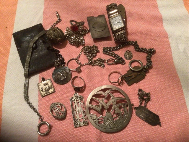 Lot bijoux Argent Massif et fantaisie , bague broche chaine montre a gousset