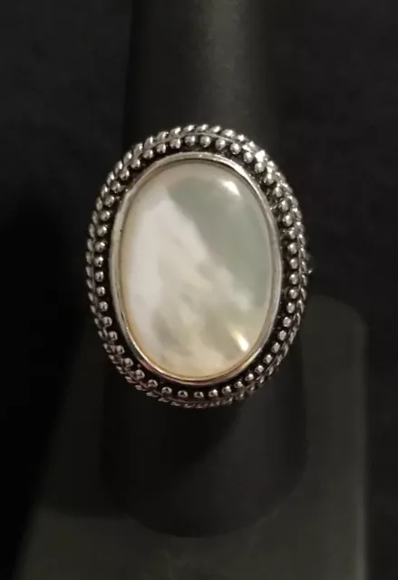 Ring Size 9 White Opalescent Oval Silver Tone Statement Piece