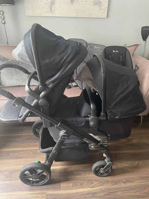 Silver Cross Coast Pram Pushchair Bundle Wave Double Sibling Seat Black