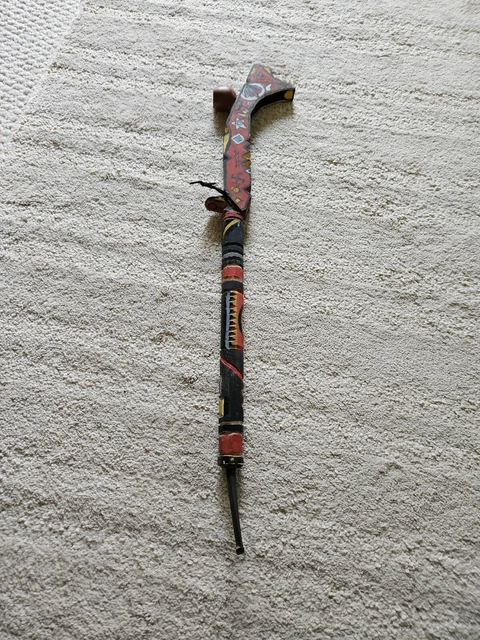 Hand Carved Folk Art Wood Indian Peace Pipe Bright Colors Designs Geometric
